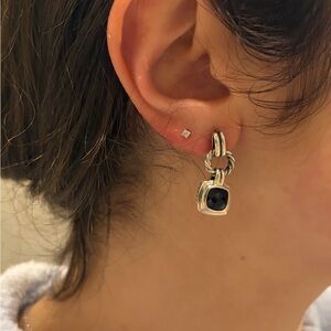 David Yurman Silver Drop Earrings with Black Stone
